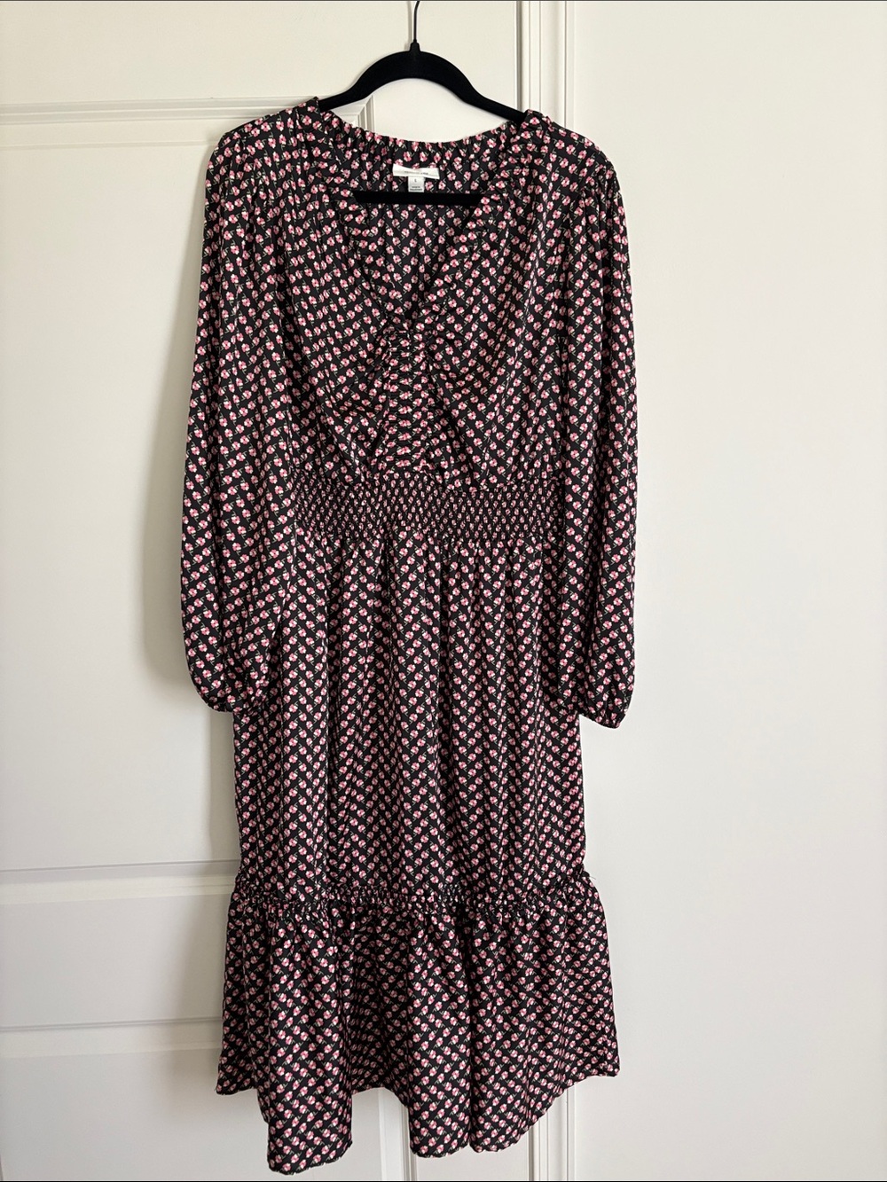 Black and Pink Print Long Sleeve Smocked Waist Dress